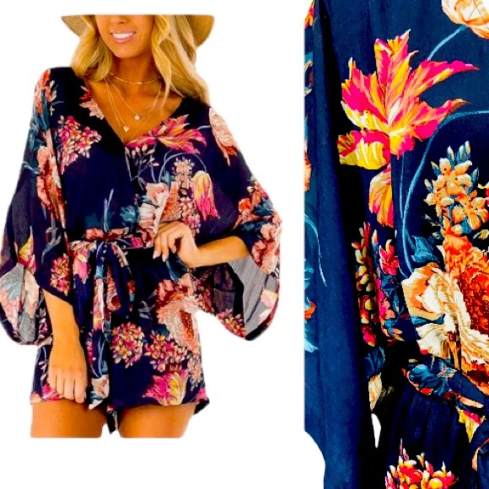 Romper jumpsuit dress shorts floral sundress fashion kimono casual blue pink